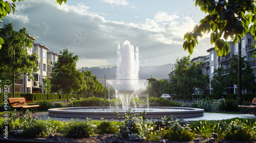 Serene Oasis: Community Park Fountain Amidst Apartments