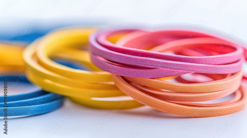 Rubber bands in assorted sizes, tangled on a white surface, colorful style, macro shot, high contrast, close-up, crisp details Rubber bands in assorted sizes, tangled on a white surface, colorful style, macro shot, high contrast, close-up, crisp details