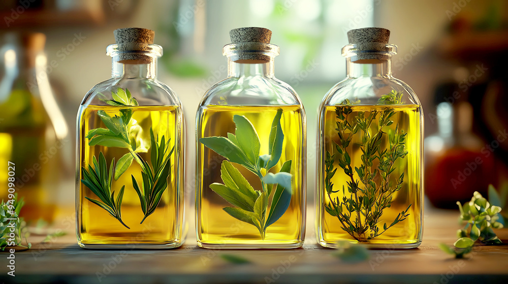 Organic herbinfused oils, bottles with herbs inside, illustration Organic herbinfused oils, bottles with herbs inside, illustration