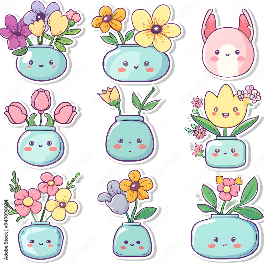 set sticker pack of cute cartoon Flowers Vase in pastel colors, white background, vector art illustration clipart set sticker pack of cute cartoon Flowers Vase in pastel colors, white background, vector art illustration clipart