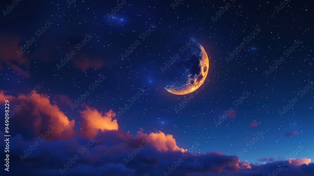 Naklejka premium Night Sky with Crescent Moon and Stars