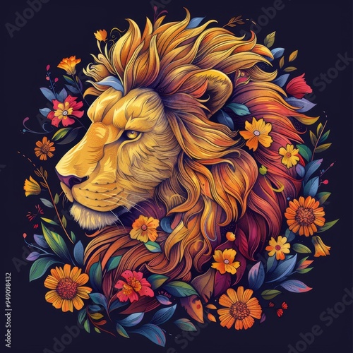 The majestic lion's head, flowing mane, fierce and graceful, decorated with flowers on an orange background. photo