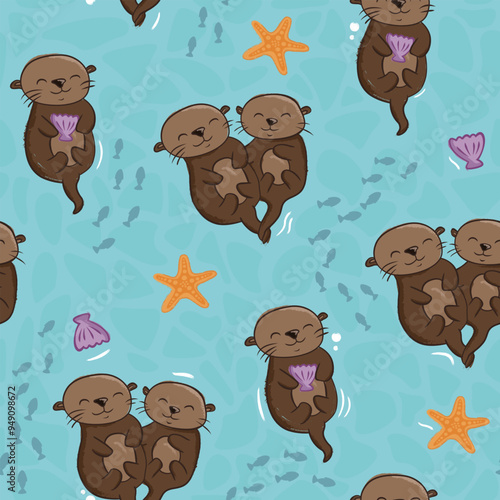 Seamless pattern design of cute otters. Otters swim with fish in the river.
