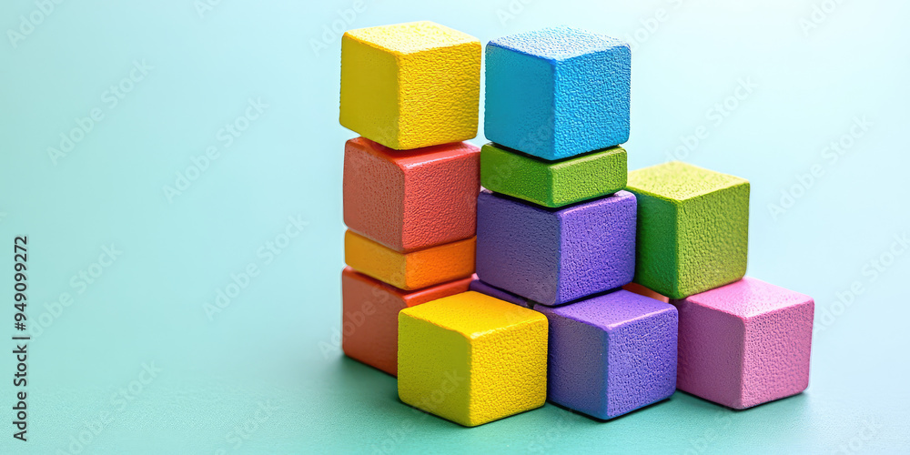 Multicolored Toy blocks on simple background with copy space. Various rainbow colored stackable plastic toy bricks. Early education construction concept Multicolored Toy blocks on simple background with copy space. Various rainbow colored stackable plastic toy bricks. Early education construction concept