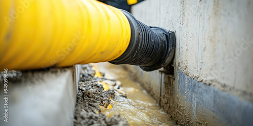 Pipe in the drainage pit. Closeup pumping out sewage from a septic tank. Background of septic tank service