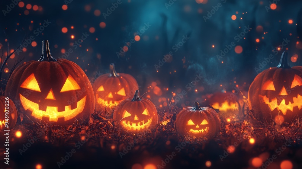 A spooky scene featuring glowing jack-o'-lanterns amidst a misty, enchanted forest, perfect for Halloween decorations and themes. A spooky scene featuring glowing jack-o'-lanterns amidst a misty, enchanted forest, perfect for Halloween decorations and themes.
