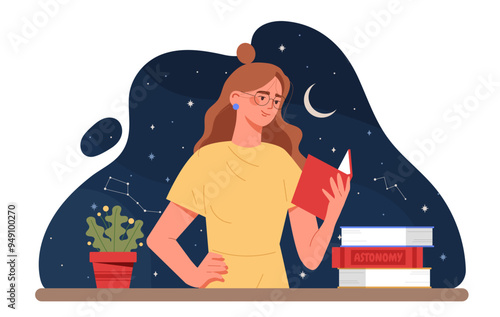 Woman read astronomy book. Young girl with textbook or fiction. Person dream about space and cosmos. Student doing homework. Education, learning and training. Flat vector illustration