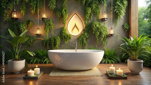 Serene bathroom scene featuring a white porcelain tub adorned with a stylized water droplet symbol, surrounded by tranquil candles and lush greenery.