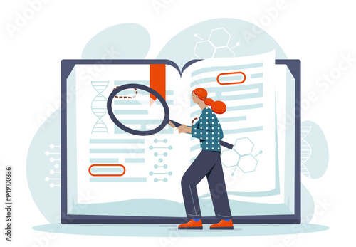 Scientific literature woman. Young girl with magnifying glass study textbook. Education, learning and trainig. Student doing homework. Flat vector illustration isolated on white background