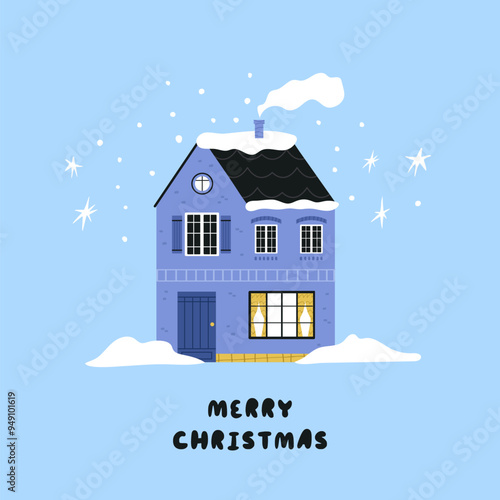 Greeting Card with Charming Hand Drawn Christmas Houses. Festive Holiday Design