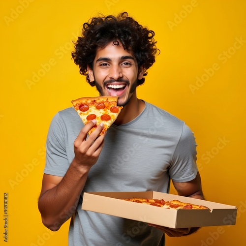 Young indian man eating delicious pizza on yellow isolated background. Happy handsome young teen boy holding slice of pizza