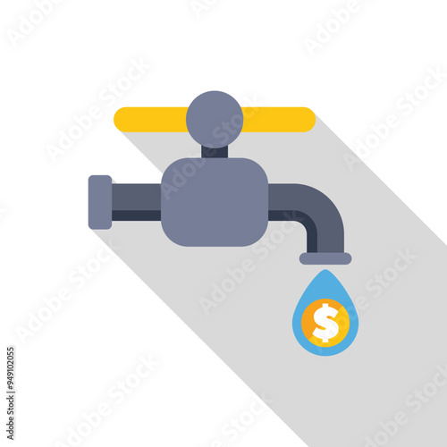 Water tap dripping dollar coin illustrating passive income concept with long shadow design on white background