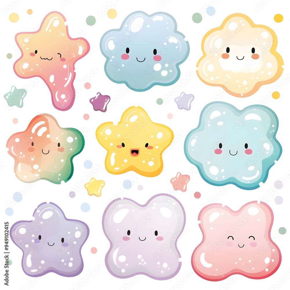 Obraz premium sticker pack of cute cartoon cloud icon in pastel colors, white background, vector art illustration