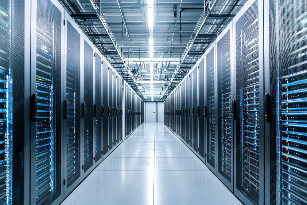 Fototapeta premium Secure access data center interior with rows of servers
