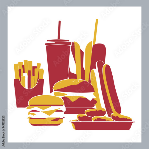 Set of fast food silhouette chicken grill, pizza, chicken sandwich, pasta, burger, French fries, sandwich, chicken wings vector in white background