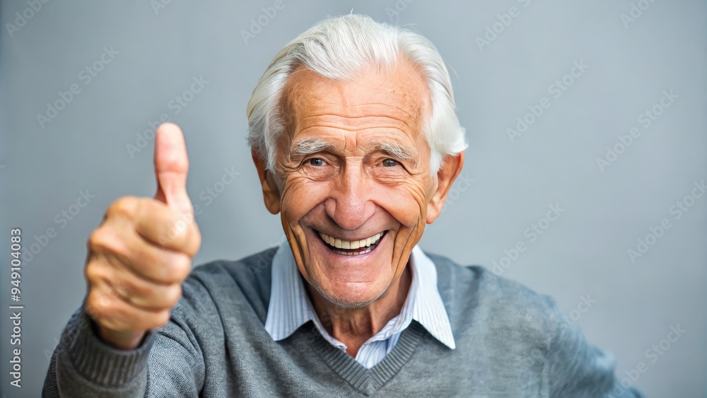 Smiling elderly adult with silver hair and wrinkles gives a hearty thumbs up, conveying joy, approval, and a sense of accomplishment with a warm, gentle smile. Smiling elderly adult with silver hair and wrinkles gives a hearty thumbs up, conveying joy, approval, and a sense of accomplishment with a warm, gentle smile.