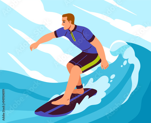 Person surfing waves. Man in swimsuit ride at surfboard. Active lifestyle and extreme sports. Young guy in tropical and exotic country. Surfer at sea or ocean. Flat vector illustration