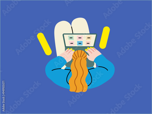 Creative workspace, modern flat vector concept illustration of a woman working sitting with a computer Remote work, flexibility, independence, efficiency, mobility, synergy, freedom