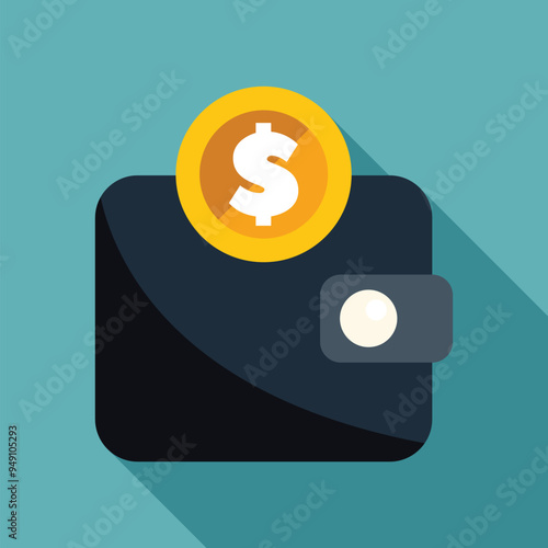 Black wallet laying down with a gold dollar coin on top of it, representing saving money and personal finances