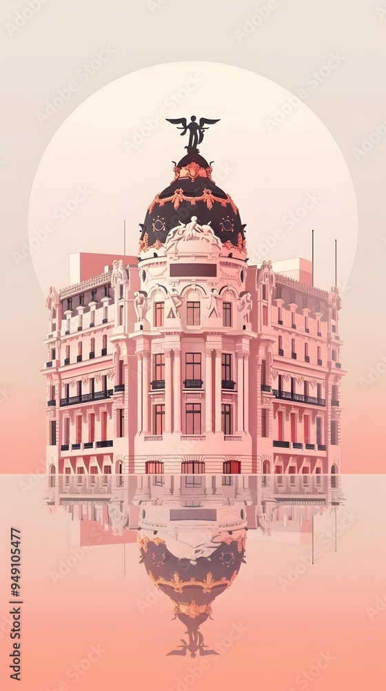 Obraz premium A stunning illustration of a famous building with a domed roof and a statue on top, reflecting in the water.