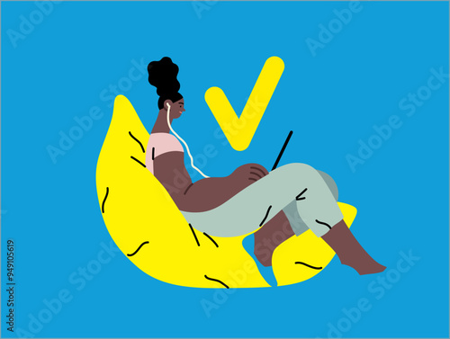 Creative workspace, modern flat vector concept illustration of a woman working sitting with a computer Remote work, flexibility, independence, efficiency, mobility, synergy, freedom