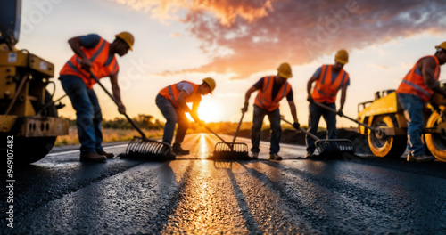 Road Construction Workers Paving Asphalt at Sunset