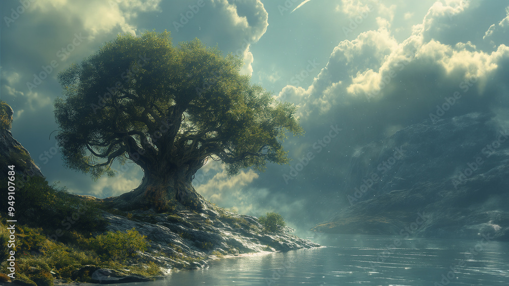 A mighty, huge tree on the shore of a lake or river, the sky in the clouds. Copy space. High quality illustration A mighty, huge tree on the shore of a lake or river, the sky in the clouds. Copy space. High quality illustration