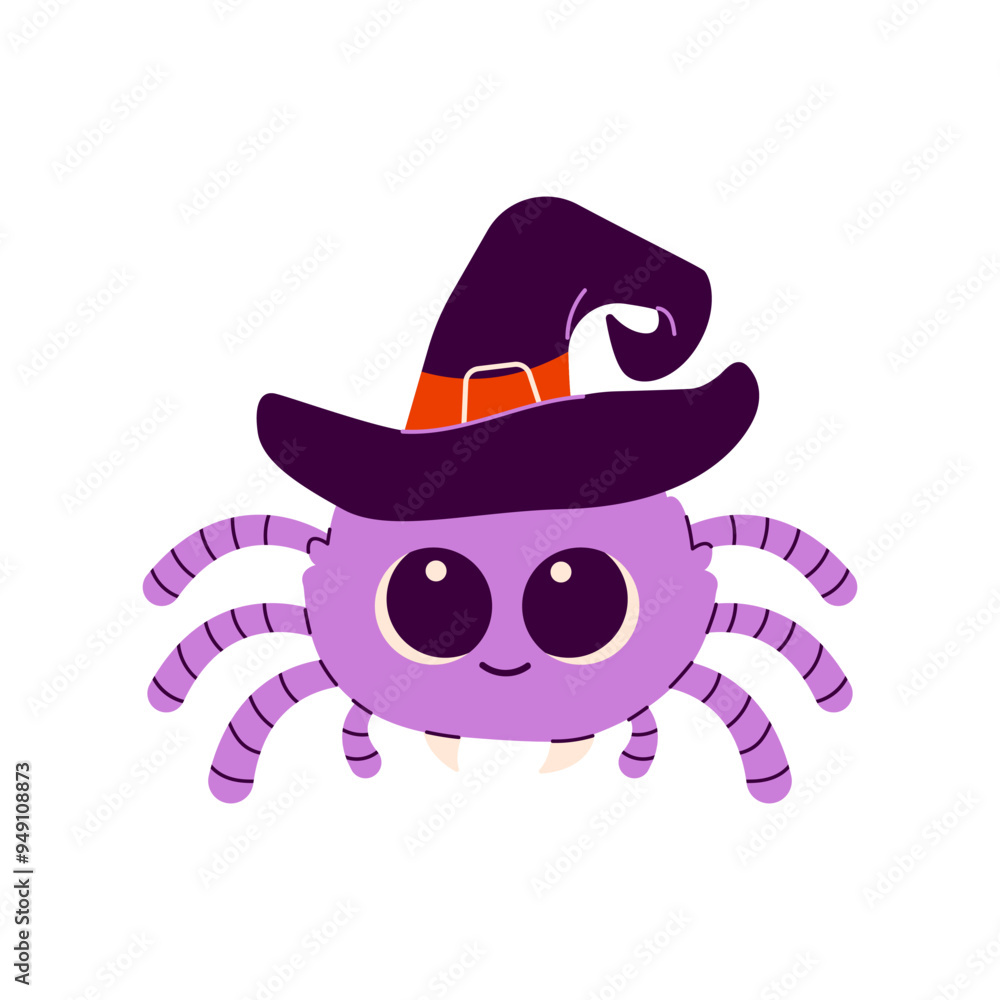 Fototapeta premium Cute Happy Halloween sticker with spider in cute witch hat. Halloween, trick or treat. Vector illustration in flat style isolated on white baclground. Happy holiday, Halloween for kids. 