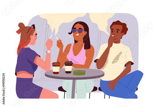 Smokers people concept. Man and woman with cigarettes sits at table. Friends with bad habits and unhealthy lifestyle. Poster or banner. Flat vector illustration isolated on white background