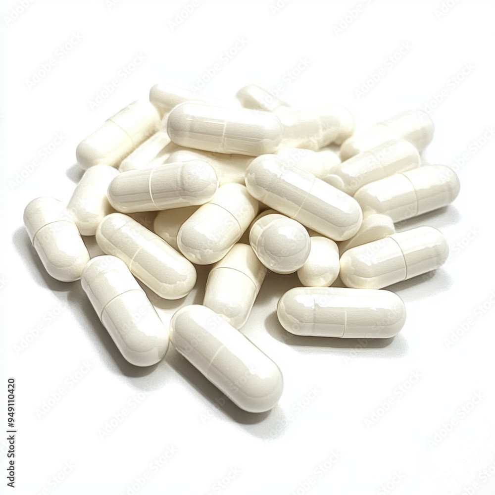 A pile of white capsules on a white background. A pile of white capsules on a white background.