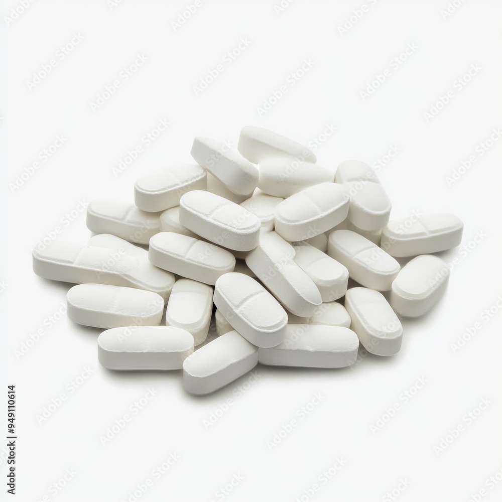 A pile of white pills on a white background. A pile of white pills on a white background.
