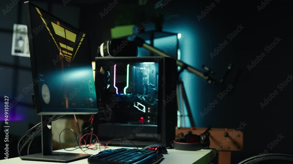 Panning shot of empty neon lit living room with RGB lit computer on table next to headphones and high tech VR headset. FPS videogame left open on pc display and computer peripherals in apartment Panning shot of empty neon lit living room with RGB lit computer on table next to headphones and high tech VR headset. FPS videogame left open on pc display and computer peripherals in apartment