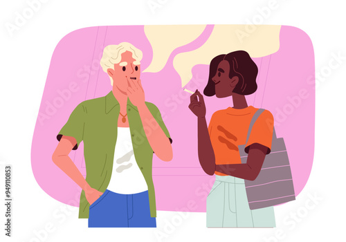 Smokers people concept. Man and woman with cigarettes talk with each others. Friends with bad habits and unhealthy lifestyle. Flat vector illustration isolated on white background