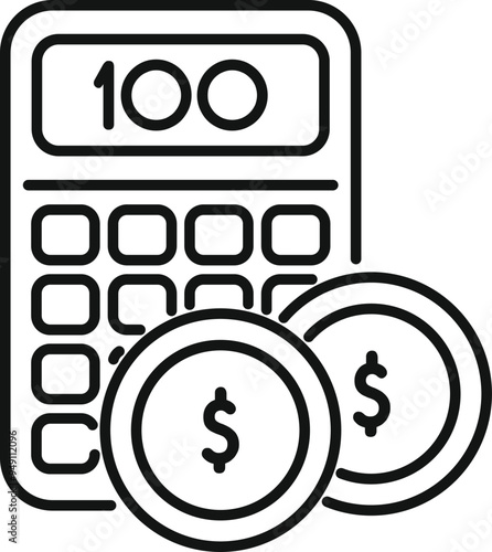 Line drawing of a calculator showing the number 100 with two dollar coins, representing reaching a savings goal
