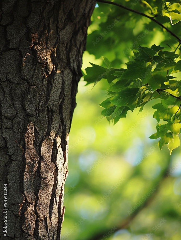 Obraz premium Close-Up of Tree Bark and Green Leaves in Natural Light