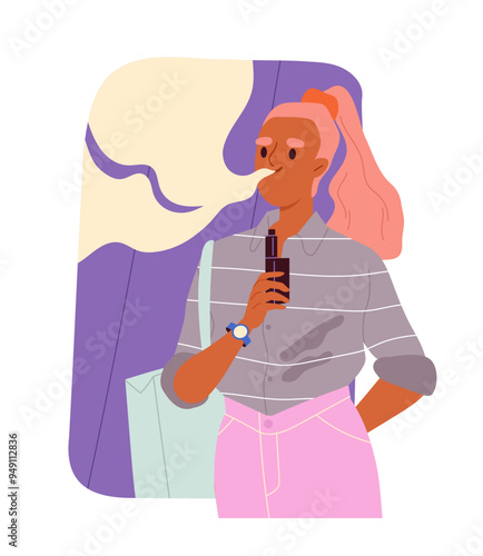 Smokers people concept. Woman with electronic cigarette. Character with bad habits and unhealthy lifestyle. Vaper indoors. Flat vector illustration isolated on white background