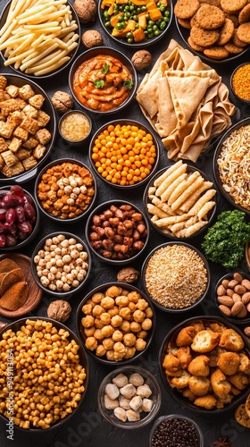 A vibrant display of various grains, legumes, and snacks arranged in bowls, showcasing diverse culinary ingredients.