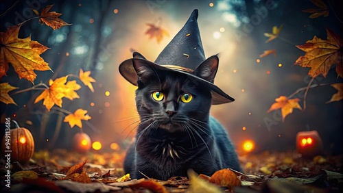 spooky witch hat black cat bewitching costume drama autumnal fantasy mystical hat box dark magic vintage vibe mysterious atmosphere eerie whispers photo