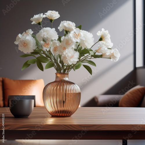 Flower Vase on a Table- A simple but elegant image of a flower vase with fresh blooms  
