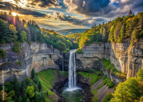 Taughannock Falls in the afternoon: Suspended in mid-air, defying gravity as the surrounding landscape melts away to reveal a dreamlike fantasy world. photo