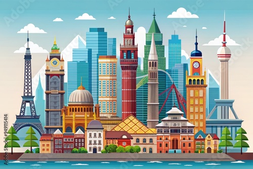 Stylized Illustrations of Urban Landmarks and Cityscapes #949115414