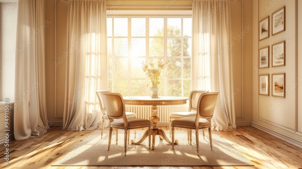 Beige Color Scheme: Timeless Dining Room with Soothing Ambiance and Wooden Parquet Flooring Beige Color Scheme: Timeless Dining Room with Soothing Ambiance and Wooden Parquet Flooring