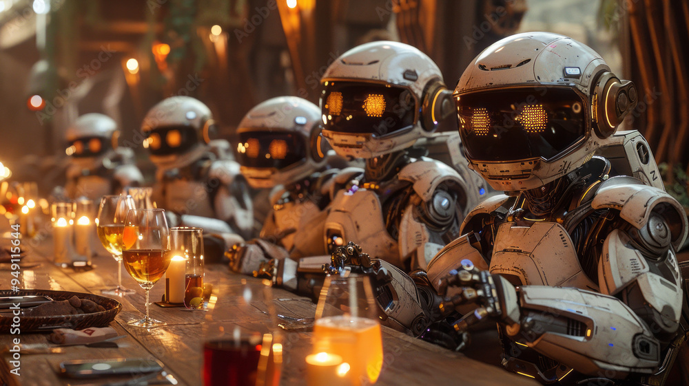cute white robots sitting at a long table, talking and having a lively discussion about KI, a few glasses of wine and beer on the table, cute white robots sitting at a long table, talking and having a lively discussion about KI, a few glasses of wine and beer on the table,