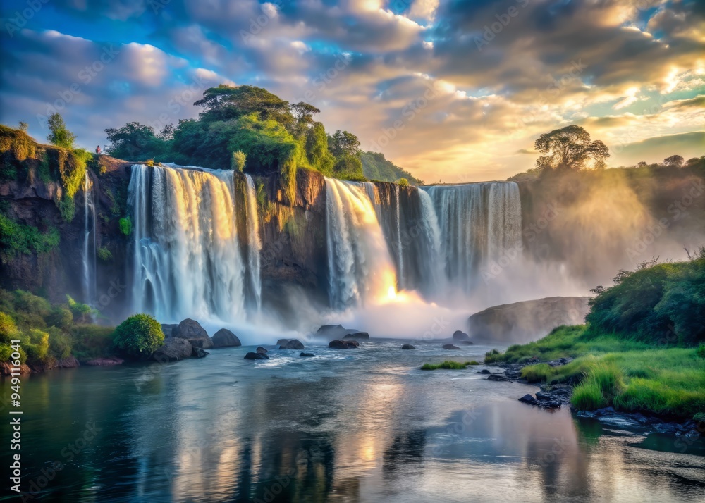 Obraz premium Lake Nyasa in the morning, a majestic waterfall cascades into the lake, its misty veil creating a mystical atmosphere