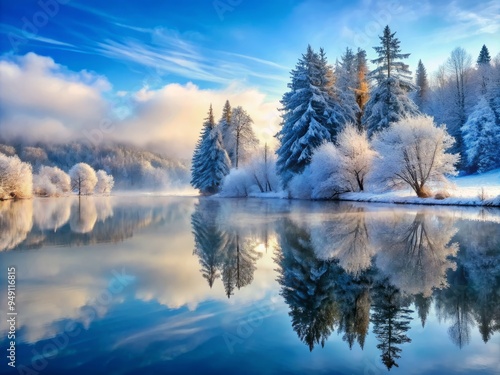 Winter's Peaceful Hush: Frosty mist rises from the lake's tranquil waters, veiling the snow-laden trees in mystery, as the sky transitions from day to night.