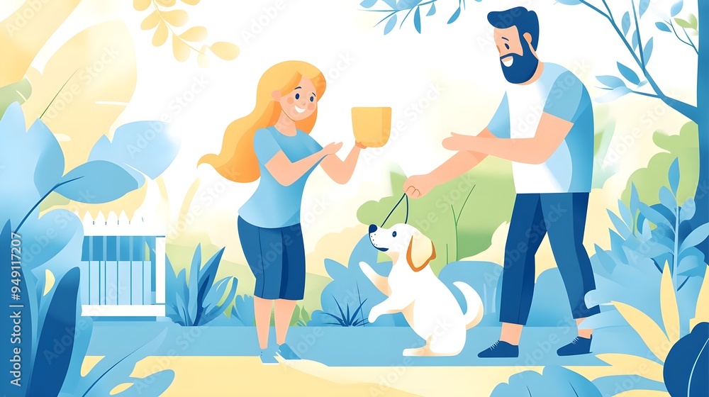 Fototapeta premium Happy Couple Walking Dog in Park Illustration