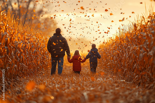 A family enjoying a hayride through a field of amber-colored corn stalks, with autumn leaves gently falling. Concept of fall festivities and family activities. photo