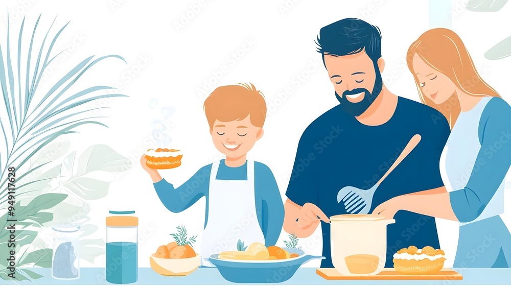 Happy Family Cooking Together in Kitchen Illustration Happy Family Cooking Together in Kitchen Illustration