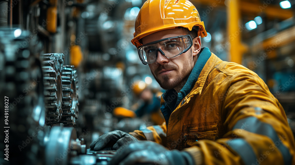 A group of migrant workers operating heavy machinery in a bustling factory, A group of migrant workers operating heavy machinery in a bustling factory,