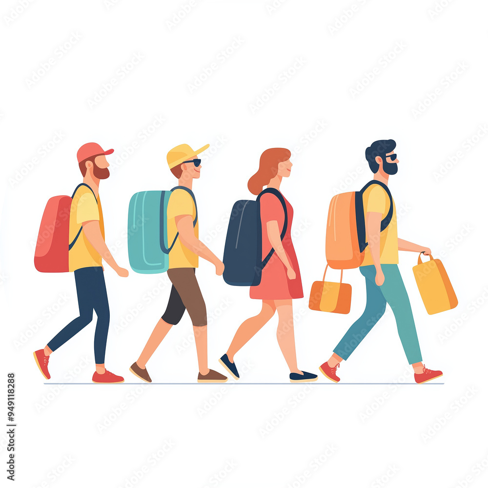 Happy Tourists Walking Together In A Row, Standing Out On A White Background. Illustration Promoting Group Tours And Travel Destinations. Happy Tourists Walking Together In A Row, Standing Out On A White Background. Illustration Promoting Group Tours And Travel Destinations.